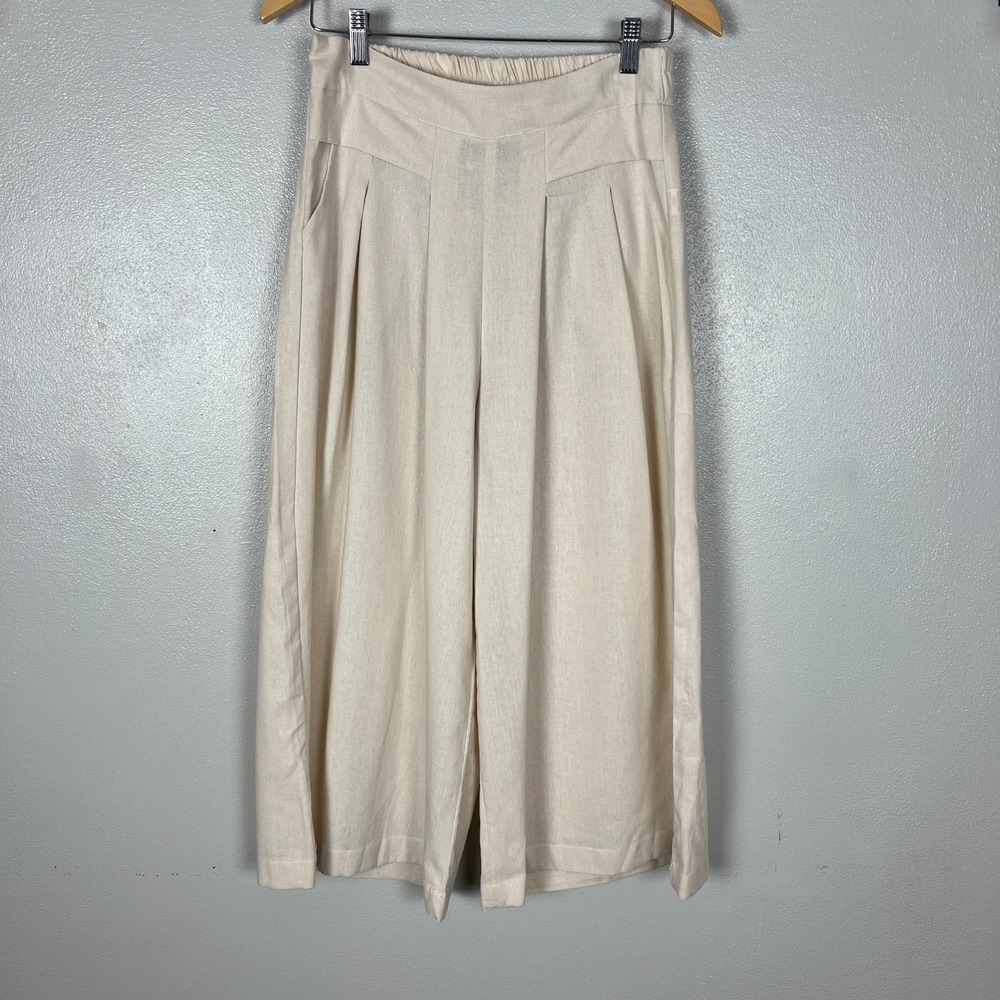 Mumianxiu Pants Women Medium Khaki Wide Leg Lagenlook High Rise Pleat Crop Chino